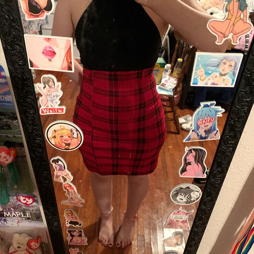 Red plaid halter dress